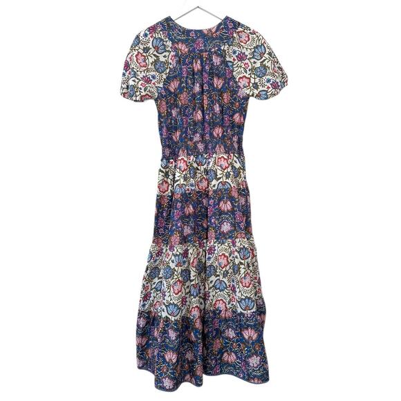 MAISIE Block Print Floral Boho Midi Dress in Ivory & Blue Size Small - Picture 4 of 9
